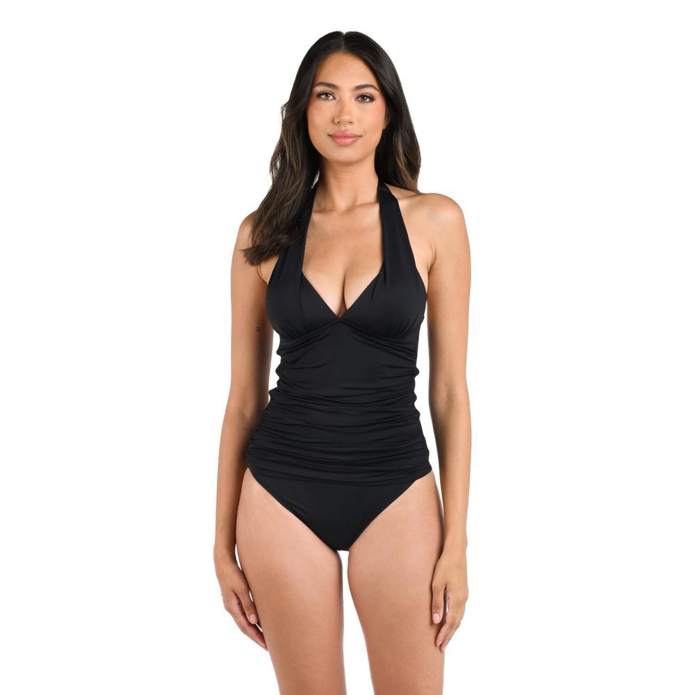La Blanca Women's Standard Island Goddess Halter Tankini Swimsuit Top, Black, 16